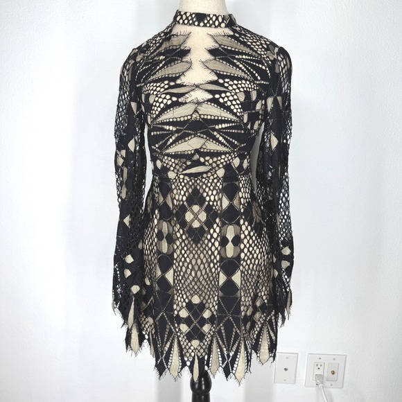 Free People Dresses & Skirts - Free People Deco Lace Sheer Mini Dress Whimsigoth Bell Sleeve Edgy Boho 4 NEW